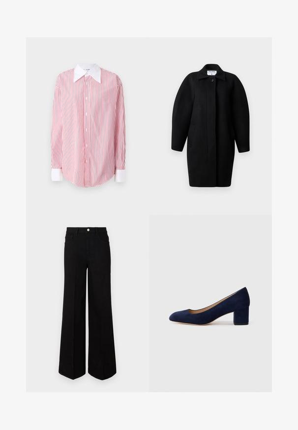 Juodas vilnonis paltas su apykakle, vieno mygtuko užsegimu ir apvaliais pečiais. Yra du šoniniai kišeniai ir minimalistinis dizainas.; Raudonas ir baltas dryžuotas marškinėliai su dideliu baltu apykakle, ilgomis rankovėmis ir apvaliu kraštu. Sklandžios medžiagos tekstūra.; Juodi plačiakojai džinsai, pagaminti iš tvirto audinio, su aukštu juosmeniu, priekinėmis kišenėmis ir priekiniais mygtukais. Lygus hem pastatytoje apačioje.; Tamsiai mėlynos zomšos bateliai su smailiu nykščiu ir vidutinio aukščio blokiniu kulnu. Lygi tekstūra su subtiliu blizgesiu ir mažas įpjovimas priekyje.