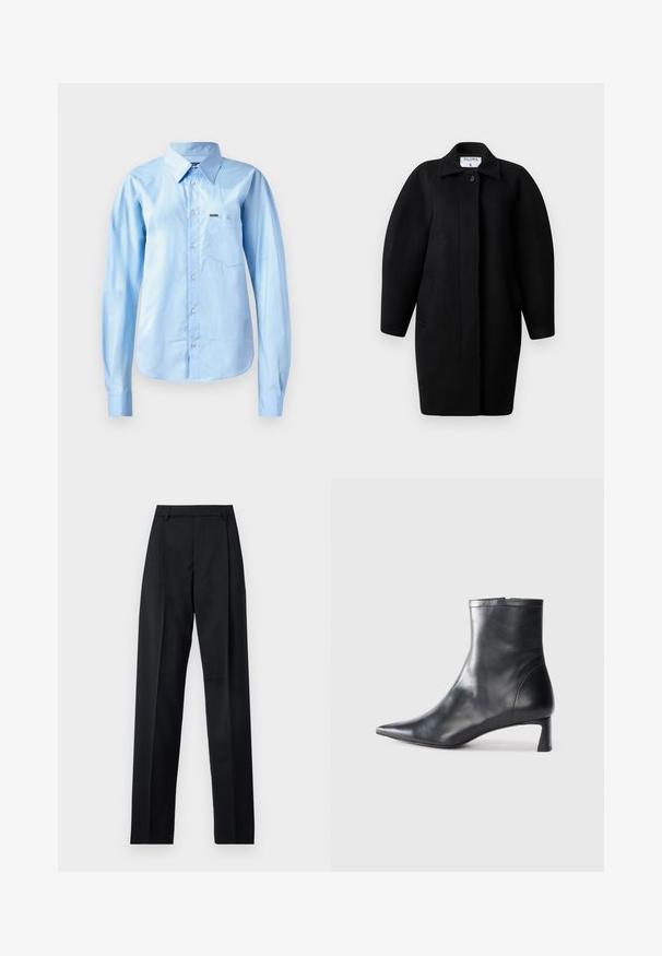 Mustahiilane villakate, millel on kraega kaelus, ühekohaline kinnihoiatus ja ümmargused õlarakmed. Omab kahte küljetaskut ja minimalistlikku disaini.; Vaaleansininen napillinen paita sileästä kankaasta, jossa pitkät hihat, muotoiltu kaulus, yksi rintatasku ja hienovarainen brändäysdetaili.; Musta housut, jotka on valmistettu sileästä kankaasta ja joissa on korkea vyötärö, leveät lahkeet, etukaarteet ja klassiset vyölenkit. Ei näkyviä sivutaskuja.; Musta nahkainen nilkkabotti, jossa on teräväkärkinen muotoilu ja tyylikäs design. Varusteena matala korko ja takana vetoketjukiinnitys. Sileä pinta.
