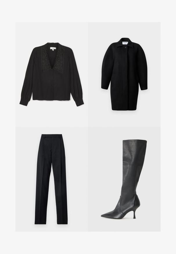Čierny vlnený kabát s golierovým výstrihom, zapínaním na jeden gombík a zaoblenými plecami. Obsahuje dve bočné vrecká a minimalistický dizajn.; Čierna blúzka s dlhými rukávmi, zdobená vyšívaným golierom, s gombíkovým zapínaním vpredu a nariasením na hrudi. Hladká textúra.; Čierne nohavice vyrobené z hladkej látky s vysokým pásom, širokými nohavicami, prednými záhybmi a klasickými pútkami na opasok. Žiadne bočné vrecká nie sú viditeľné.; Čierne kožené čižmy do výšky kolien s špicatou špičkou a úzkym stiletto podpätkom. Hladká textúra s priliehavým dizajnom a prešitím na vrchnom okraji.