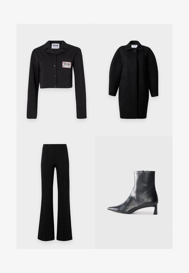 Juodas vilnonis paltas su apykakle, vieno mygtuko užsegimu ir apvaliais pečiais. Yra du šoniniai kišeniai ir minimalistinis dizainas.; Juodas trumpas švarkas, pagamintas iš lygaus audinio, su mygtukų uždarymu, smailiu apykakle ir krūtine kišenę su baltu ir rožiniu logotipo ekranu.; Juodos plačios kelnės su aukštu liemeniu, pagamintos iš tamprios medžiagos. Priekinėje dalyje yra vertikalūs siūlų akcentai ir lygus paviršius.; Juodas odinis kulkšninis batas su smailiu pirštu ir elegantišku dizainu. Turi žemą kulną ir užtrauktuką gale. Lygi tekstūra.