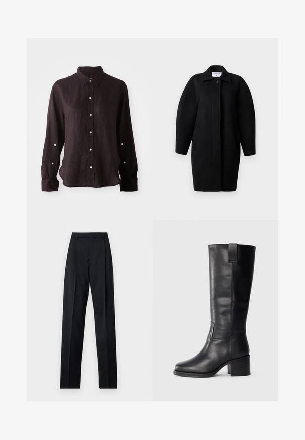 Fekete gyapjú kabát galléros nyakkivágással, egysoros gombos záródással és lekerekített vállakkal. Két oldalsó zsebet és minimalista dizájnt tartalmaz.; Sötét, hosszú ujjú ing könnyű lennből, gombos elejével, hegyes gallérral és egyetlen mellzsebbel. Ezüst gombok.; Fekete nadrág sima anyagból, magas derékkal, széles lábakkal, elülső redőkkel és klasszikus övhurkokkal. Oldalzsebek nem láthatók.; Fekete bőr, térd fölé érő csizmák sima textúrával, négyzetes orral, tömbsarkúval és oldalsó húzófüllel, minimális varrási részletekkel.