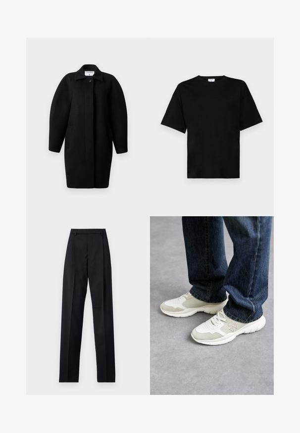 Schwarzer Wollmantel mit Kragen, einreihigem Knopfverschluss und abgerundeten Schultern. Verfügt über zwei Seitentaschen und ein minimalistisches Design.; Schwarzes T-Shirt mit kurzen Ärmeln in lässiger Passform, aus weichem Stoff gefertigt, mit rundem Halsausschnitt und ohne auffällige Muster oder Akzente.; Schwarze Hosen aus glattem Stoff mit hoher Taille, weitem Bein, vorderen Falten und klassischen Gürtelschlaufen. Keine sichtbaren Seitentaschen.; Sneaker in Hellgrau und sanftem Beigegitter mit Wildlederelementen. Merkmale ein Schnürdesign und eine dicke weiße Gummisohle. Getragen zu blauen Jeans.