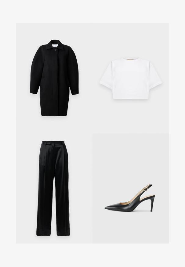 Schwarzer Wollmantel mit Kragen, einreihigem Knopfverschluss und abgerundeten Schultern. Verfügt über zwei Seitentaschen und ein minimalistisches Design.; Beschnittenes weißes T-Shirt aus weichem Stoff, mit kurzen Ärmeln, rundem Halsausschnitt und gerippten Saumdetails. Einfaches und schnörkelloses Design.; Schwarze, hochtaillierte Satinhosen mit geraden, weiten Beinen, Gürtelschlaufen und einem flachen Frontverschluss vor einem schlichten weißen Hintergrund.; Schwarze Leder-Slingback-High-Heels mit spitzem Zehenbereich, verstellbarem Riemen und schlankem Stiletto-Absatz, ausgestattet mit einer glatten Oberfläche.