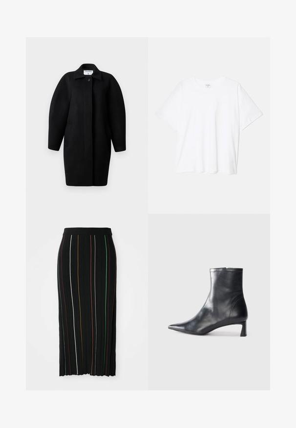 Manteau en laine noire avec un col, fermeture à un bouton et épaules arrondies. Il comprend deux poches latérales et un design minimaliste.; T-shirt en coton blanc avec des manches courtes, un col rond, une coupe décontractée et un ourlet cousu. Étiquette visible à l'intérieur du col.; Jupe plissée noire avec des rayures verticales jaune, orange, rouge, vert et blanche. Présente une taille ajustée et un ourlet légèrement irrégulier.; Bottine en cuir noir avec un bout pointu et un design épuré. Présente un petit talon et une fermeture éclair à l'arrière. Texture lisse.