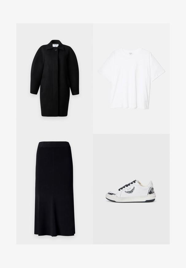 Svart ullrock med krage, en knappstängning och rundade axlar. Har två sidofickor och en minimalistisk design.; Vit bomull t-shirt med kort ärm, rund halsringning, avslappnad passform och söm i nederkant. Etikett synlig på insidan av halsen.; Svart, knälång kjol med en åtsittande midja och subtil utställd design. Materialet ser jämnt ut med minimal struktur. Inga synliga mönster.; Vita sneakers med svarta detaljer, med en texturerad design på sidan, svarta snören och gummisula. Logotyp och konstverk på ovansidan.