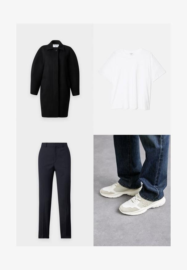 Black wool coat with a collared neckline, single-button closure, and rounded shoulders. Features two side pockets and a minimalist design.; White cotton t-shirt with short sleeves, round neckline, relaxed fit, and stitched hem. Label visible on the inside neck.; Navy tailored trousers with a straight cut, featuring a smooth texture, two front pockets, and a clean waistband.; Sneakers in light gray and soft beige mesh with suede accents. Features a lace-up design and a thick white rubber sole. Worn with blue jeans.