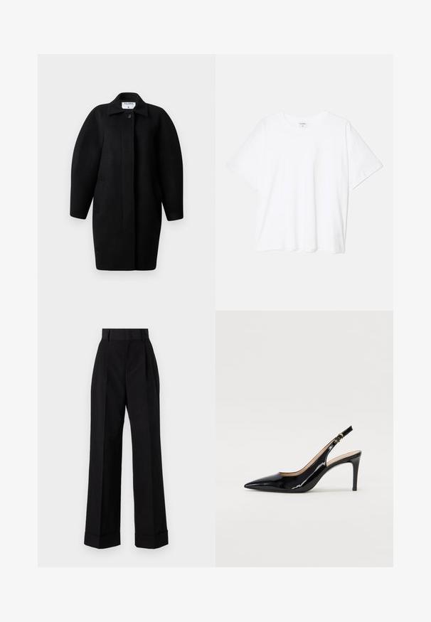 Fekete gyapjú kabát galléros nyakkivágással, egysoros gombos záródással és lekerekített vállakkal. Két oldalsó zsebet és minimalista dizájnt tartalmaz.; Fehér pamut póló rövid ujjal, kerek nyakkivágással, laza fazonnal és varrott szegéllyel. Címke látható a belső nyakrészén.; Magas derekú fekete pamut nadrág. Széles lábú fazon, redők és felgöngyölített szárak jellemzik. Simább textúra, nincsenek látható minták vagy fémtárgyak.; Fekete lakk bőr kötött magassarkú cipő, hegyes orral és karcsú sarokkal, finom kivágásos dizájnnal. Az övön arany csatt található.
