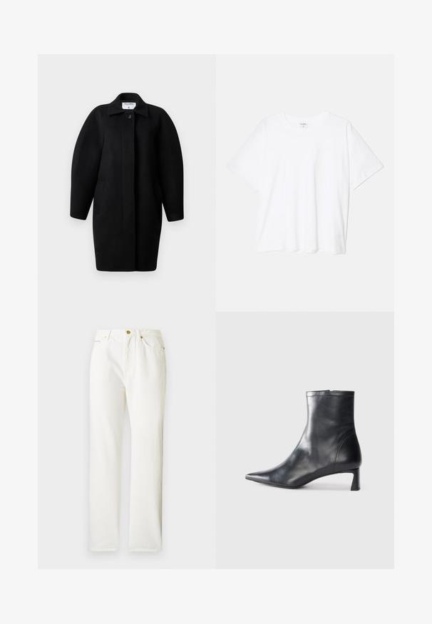 Fekete gyapjú kabát galléros nyakkivágással, egysoros gombos záródással és lekerekített vállakkal. Két oldalsó zsebet és minimalista dizájnt tartalmaz.; Fehér pamut póló rövid ujjal, kerek nyakkivágással, laza fazonnal és varrott szegéllyel. Címke látható a belső nyakrészén.; Fehér farmernadrág egyenes lábbal, elülső gombos záródással és finom textúrával. Oldalsó zsebekkel és minimális hardverrel rendelkezik.; Fekete bőr bokacsizma hegyes orral és letisztult dizájnnal. Alacsony sarka és hátsó cipzáras záródása van. Simának tűnő textúra.