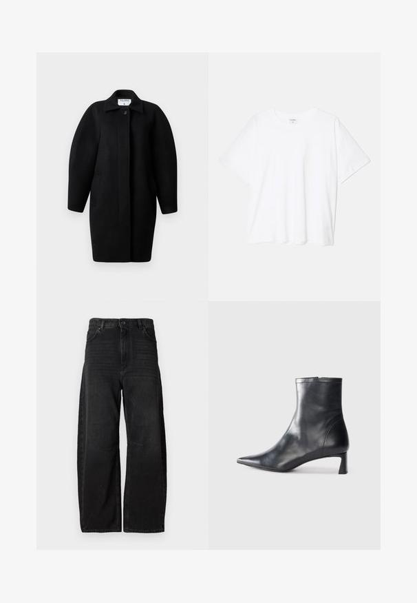 Must Black wool coat with a collared neckline, single-button closure, and rounded shoulders. Features two side pockets and a minimalist design.; Valge puuvillane T-särk lühikeste varrukatega, ümmargune kaelus, mugav lõige ja õmmeldud serv. Silt nähtav kaela seest.; Laiad mustad denim püksid, mis on valmistatud vastupidavast kangast, kõrge vöökoht, suured eesplaatide taskud ja puhas, minimalistlik õmblusdisain.; Mustad mustall nahkasaabas terava nina ja stiilse disainiga. Omab madalat konts ja luku sulgemist taga. Sile tekstuur.