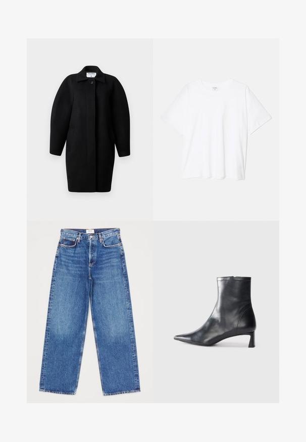 Cappotto di lana nera con collo a camicia, chiusura con un singolo bottone e spalle arrotondate. Presenta due tasche laterali e un design minimalista.; T-shirt bianco in cotone con maniche corte, scollo rotondo, vestibilità comoda e orlo cucito. Etichetta visibile all'interno del colletto.; Jeans a gamba larga in denim blu medio con cinque tasche, gambe dritte e dettagli di cucitura decorativa. Etichetta del marchio visibile in vita.; Stivaletto in pelle nera con punta affusolata e design elegante. Presenta un tacco basso e una chiusura con zip sul retro. Texture liscia.