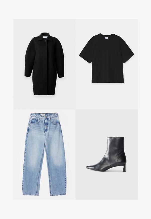 Fekete gyapjú kabát galléros nyakkivágással, egysoros gombos záródással és lekerekített vállakkal. Két oldalsó zsebet és minimalista dizájnt tartalmaz.; Fekete, rövid ujjú pamut póló. Lazán illeszkedik, kerek nyakkivágása van, és nincs rajta látható minta vagy díszítés.; FRAME LONG BARREL - Laza szabású farmerek - light-blue; Fekete bőr bokacsizma hegyes orral és letisztult dizájnnal. Alacsony sarka és hátsó cipzáras záródása van. Simának tűnő textúra.