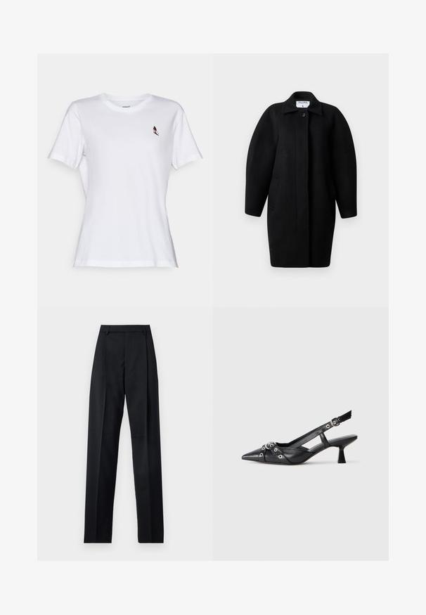 Svart ullrock med krage, en knappstängning och rundade axlar. Har två sidofickor och en minimalistisk design.; Vit bomullst-shirt med korta ärmar, rund halsringning, med en liten flerfärgad fågelbroderi på vänster bröstområde.; Svarta byxor i mjukt tyg med hög midja, vida ben, framfickor och klassiska bältesöglor. Inga sidofickor synliga.; Svart lädersko med slingback-design, spetsig tå, dekorativa remmar med metallöglor och en låg klack. Texturerad yta.