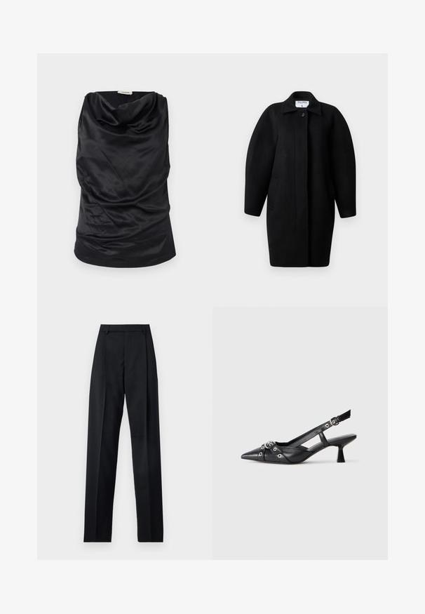 Must Black wool coat with a collared neckline, single-button closure, and rounded shoulders. Features two side pockets and a minimalist design.; Mustmustar inetu kaelusega top, mis on valmistatud siledast kangast, omades drapeeringu disaini, pehmet tekstuuri ja sobivat siluetti. Saum on katkematu.; Mustad püksid siledast kangast, millel on kõrge vöökoht, laiad jalad, esimesed kortsud ja klassikalised vööloopid. Küljepockets pole nähtavad.; Must must have must toote tõmblukuga, dekoratiivsed rihmad metallist silmadega ja madal blokk-kand. Tekstureeritud pind.