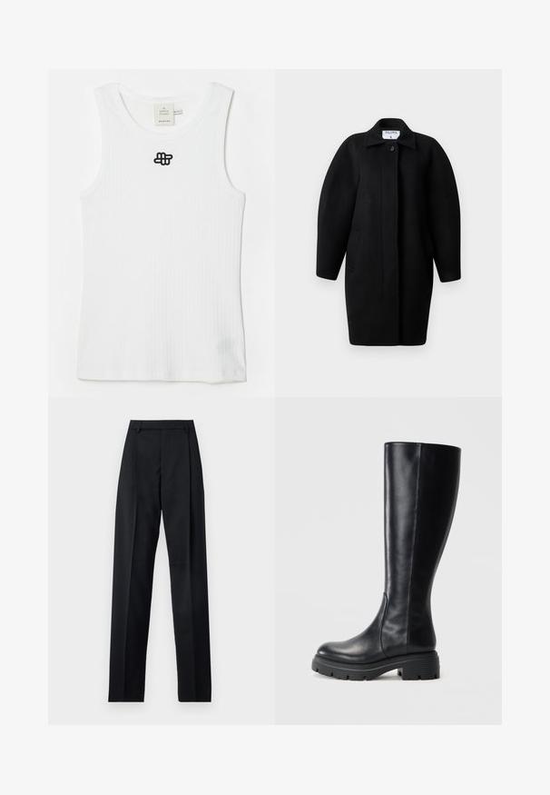 Cappotto di lana nera con collo a camicia, chiusura con un singolo bottone e spalle arrotondate. Presenta due tasche laterali e un design minimalista.; Canottiera bianca a coste in cotone, con scollatura rotonda e un logo ricamato in nero sulla parte superiore sinistra. Design semplice, senza maniche.; Pantaloni neri realizzati in tessuto morbido, caratterizzati da vita alta, gambe larghe, pince frontali e classiche passanti per cintura. Non ci sono tasche laterali visibili.; Stivali neri al ginocchio realizzati in pelle liscia, con punta tonda e suola in gomma spessa con modelli di battistrada per una migliore aderenza.