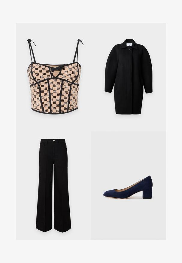 Palton negru din lână, cu guler la gât, închidere cu un singur nasture și umeri rotunjiți. Dispune de două buzunare laterale și un design minimalist.; MISBHV MONOGRAM COQUETTE CORSET - Top - beige/black; Jeanși negri cu picior larg, fabricați dintr-un material rezistent, având talie înaltă, buzunare frontale și închidere cu nasture în față. Tăietură dreaptă la bază.; Pantof cu toc din suede bleumarin, cu vârful ascuțit și un toc de înălțime medie în formă de bloc. Textură netedă cu o strălucire subtilă și o mică decupare în față.