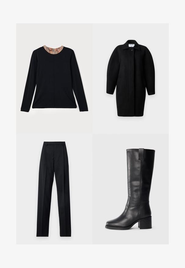 Palton negru din lână, cu guler la gât, închidere cu un singur nasture și umeri rotunjiți. Dispune de două buzunare laterale și un design minimalist.; Top lung cu mâneci lungi, de culoare neagră, cu decolteu rotund, având un accent în dungi multicolore la guler. Material neted cu o croială lejeră.; Pantaloni negri dintr-un material neted, cu talie înaltă, picioare largi, pliuri frontale și loop-uri clasice pentru curea. Fără buzunare laterale vizibile.; Cizme negre din piele până la genunchi cu o textură netedă, vârf pătrat, toc bloc și tab pentru tragere pe lateral, având detalii de cusătură minime.