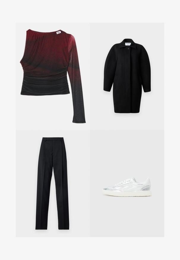 Czarny wełniany płaszcz z kołnierzem, zapięciem na jeden guzik i zaokrąglonymi ramionami. Posiada dwie boczne kieszenie oraz minimalistyczny design.; Czarny i czerwony długi rękaw z dopasowanym krojem, marszczonymi detalami i okrągłym dekoltem. Gładki materiał z efektem ombre.; Czarne spodnie wykonane z gładkiego materiału, z wysokim stanem, szerokimi nogawkami, fałdami z przodu i klasycznymi szlufkami na pasek. Brak widocznych kieszeni bocznych.; Białe sneakersy z metalicznymi srebrnymi akcentami, gładka tekstura, okrągły nosek, płaska podeszwa i tradycyjny design na sznurówki.