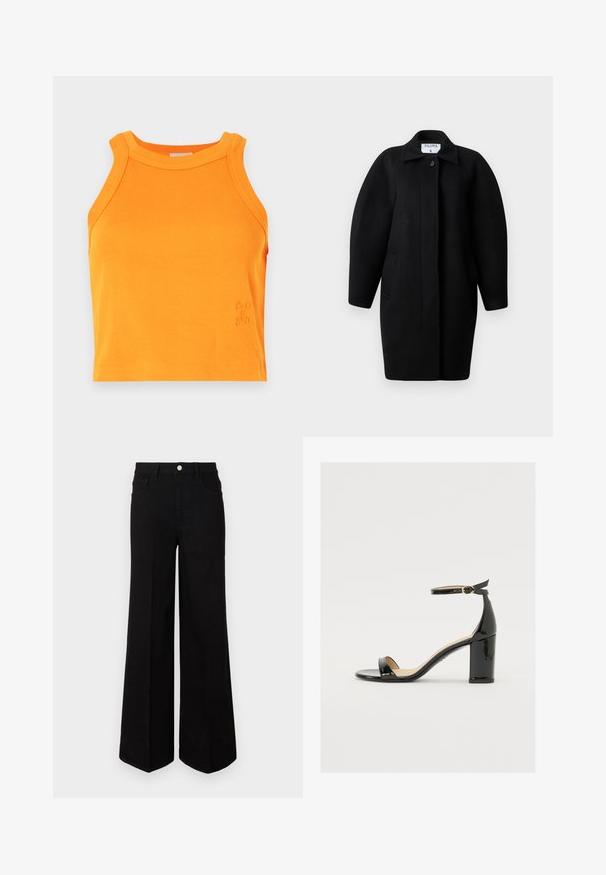 Fekete gyapjú kabát galléros nyakkivágással, egysoros gombos záródással és lekerekített vállakkal. Két oldalsó zsebet és minimalista dizájnt tartalmaz.; A bordázott narancssárga ujjatlan póló magas nyakkivágással. Finom logórészlet található az alján. Puha, rugalmas anyag.; Fekete, bő szárú farmernadrág, strapabíró anyagból készült, magas derékkal, elülső zsebekkel és elöl gombos záródással. Lapos szegély az alján.; Fekete lakkbőr szandál széles sarokkal, nyitott orral és bokapánttal, amelyen arany csat található. Sima felület és elegáns dizájn.