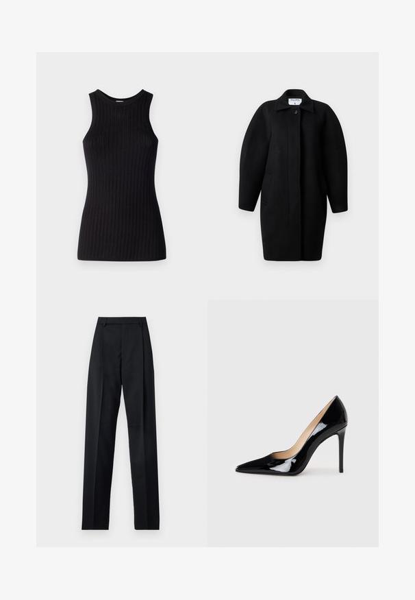 Cappotto di lana nera con collo a camicia, chiusura con un singolo bottone e spalle arrotondate. Presenta due tasche laterali e un design minimalista.; Top nero senza maniche con texture a coste, scollatura rotonda, forma aderente e finitura liscia. Tessuto a maglia leggero.; Pantaloni neri realizzati in tessuto morbido, caratterizzati da vita alta, gambe larghe, pince frontali e classiche passanti per cintura. Non ci sono tasche laterali visibili.; Décolleté in pelle verniciata nera con design a punta e silhouette elegante. Presenta una finitura liscia e lucida e un tacco a stiletto sottile.