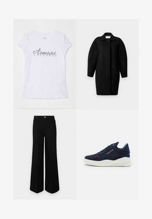 Sorte uldfrakke med krave, enkelt knaplukning og afrundede skuldre. Har to sidelommer og et minimalistisk design.; Hvid kortærmet t-shirt lavet af bomuld, med et sort rhinestone-logo der viser "Armani Exchange" på forsiden.; Sorte vide ben-jeans lavet af robust stof, med høj talje, forlommer og en frontal knaplukning. Flad kant i bunden.; Mørk navy ruskind sneakers med hvide gummisåler, rund tå og snørebåndsdesign. Har logodetalje på siden og strukturerede accenter.