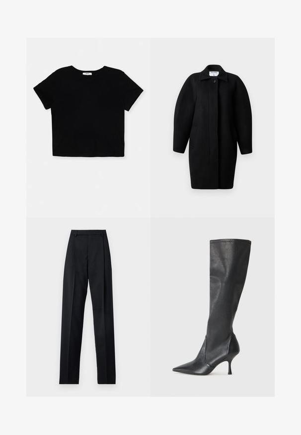 Mustahiilane villakate, millel on kraega kaelus, ühekohaline kinnihoiatus ja ümmargused õlarakmed. Omab kahte küljetaskut ja minimalistlikku disaini.; Mustat lyhyet hihat ja pyöreä pääntie, tämä pehmeästä puuvillasta valmistettu lyhythihainen toppi on tyylikäs ja yksinkertainen. Siinä on siisti helma ilman koristeita.; Musta housut, jotka on valmistettu sileästä kankaasta ja joissa on korkea vyötärö, leveät lahkeet, etukaarteet ja klassiset vyölenkit. Ei näkyviä sivutaskuja.; Polvisuuriset mustat nahkasaappaat, joissa on terävä kärki ja hoikka stiletto-korko. Silkkinen pinta, tiukka muotoilu ja ompeleet yläreunassa.