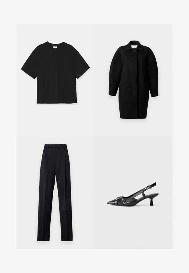 Zwarte wollen jas met een kraagneklijn, sluiting met één knop en ronde schouders. Bevat twee zijzakken en heeft een minimalistisch ontwerp.; Zwarte korteyls T-shirt van katoen. Het heeft een comfortabele pasvorm, ronde halslijn en geen zichtbare patronen of versieringen.; Zwarte broek gemaakt van gladde stof met een hoge taille, wijde benen, voorplooien en klassieke ceintuurlussen. Geen zijzakken zichtbaar.; Zwarte leren slingback schoen met een puntige neus, decoratieve banden met metalen oogjes en een lage blokhak. Textuur oppervlak.