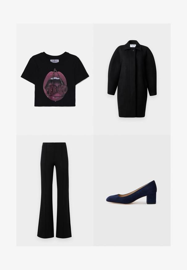 Black wool coat with a collared neckline, single-button closure, and rounded shoulders. Features two side pockets and a minimalist design.; Fiorucci MOUTH CROPPED - Print T-shirt - black; Black flared pants with a high waist, made of stretchy fabric. Features vertical seam details on the front and a smooth texture.; Navy blue suede pump with a pointed toe and a mid-height block heel. Smooth texture with a subtle sheen and a small cutout at the front.
