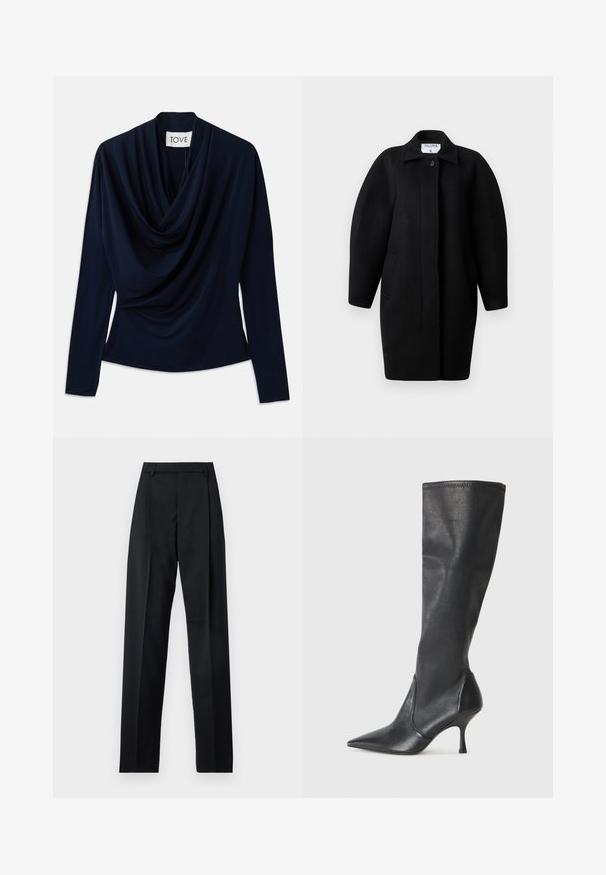 Must Black wool coat with a collared neckline, single-button closure, and rounded shoulders. Features two side pockets and a minimalist design.; Tume sinine pika varrukaga top, millel on drapeeritud kaelus ja pehme kangas. Omab istuvat siluetti ja minimaalset disaini. Brändi silt on nähtav.; Mustad püksid siledast kangast, millel on kõrge vöökoht, laiad jalad, esimesed kortsud ja klassikalised vööloopid. Küljepockets pole nähtavad.; Knee-high mustad nahksaapad terava nina ja kitsaste stiilsete kontsadega. Sile tekstuur sobiva disainiga ja õmblused ülemisel serval.
