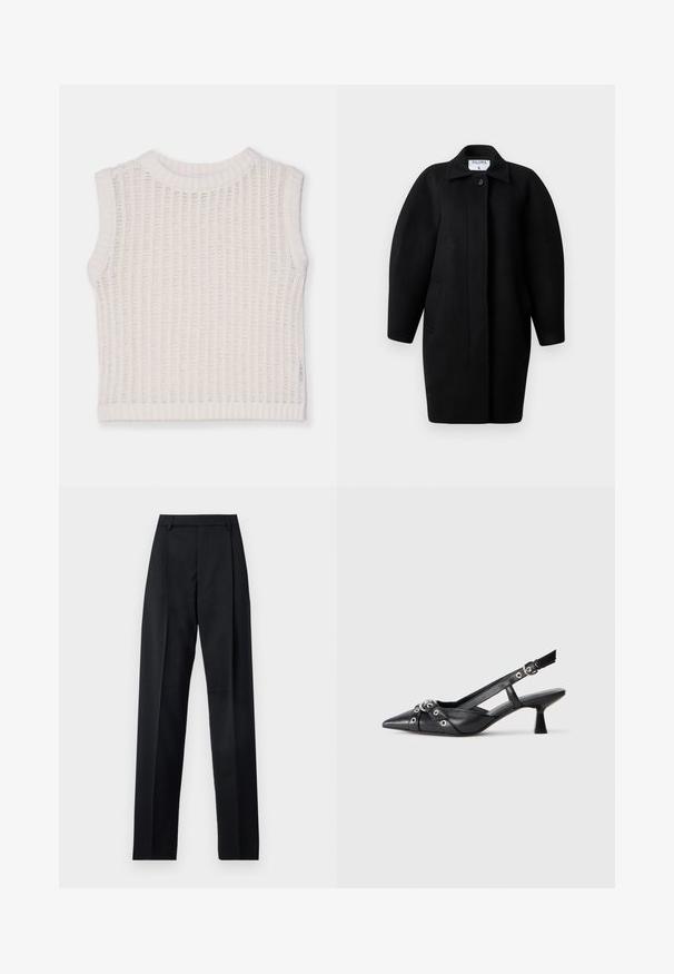 Sorte uldfrakke med krave, enkelt knaplukning og afrundede skuldre. Har to sidelommer og et minimalistisk design.; Ærmeløs hvid top med ribbet tekstur, med rund halsudskæring og et åbent strikdesign. Enkel og afslappet silhuet.; Sorte bukser lavet af glat stof, der har høj talje, brede ben, frontfolder og klassiske bælteløkker. Ingen synlige sidelommer.; Sort lædersandal med spids tå, dekorative stropper med metaløjer og en lav blokhæl. Struktureret overflade.