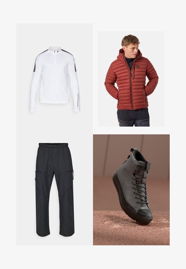 Rote-braune Pufferjacke mit horizontaler Steppung, Kapuze, Reißverschlusstaschen und einem kleinen Logopatch auf der Brust. Weiches, isoliertes Material.; Weißes Langarmshirt mit Viertelreißverschluss und grauen Schulterakzenten. Es verfügt über einen glatten, dehnbaren Stoff und ein auf dem Ärmeln gedrucktes Logo.; Schwarze Cargo-Hosen mit elastischem Bund, zwei Reißverschlusstaschen und einem leichten, glatten Stoffgefühl.; Hochschuh aus grauem Leder mit strukturierter Oberfläche, schwarzer Gummispitze und grauen Schnürsenkeln. Verfügt über eine Zuglasche an der Ferse.