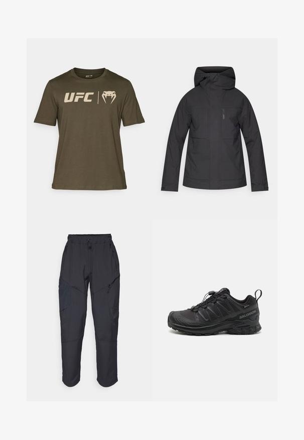 Svart vattentät jacka med huva, som har två stora framfickor, dragkedjestängning och justerbara ärmslut för en tät passform.; Olivgrön t-shirt i bomull, med UFC-logotypen och en ormgrafik i ljusbeige. Rund hals och korta ärmar.; Svarta cargobyxor gjorda av ett lätt, vattenavvisande material; har elastisk midja, flera fickor med dragkedja och avsmalnande ben.; Svart sportskor med en strukturerad syntetöverdel, dämpad sula och ett snabbsnörningssystem. Har förstärkt tå och hälen.