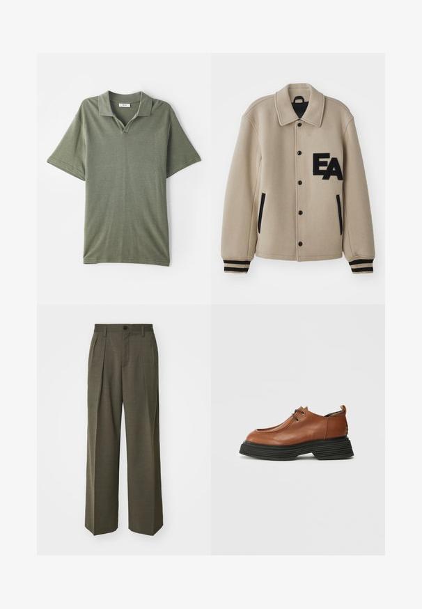 Béžová vlněná bunda se směsí s texturovaným povrchem, černými akcenty, druky, bočními kapsami a vyšitým logem "EA" na hrudi.; Olivově zelené polo tričko s krátkým rukávem, s límcem a texturovanou tkaninou. Má V-otvor a uvolněný střih.; Filippa K WIDE TROUSERS - Kalhoty - driftwood; Hnědá kožená bota s kulatou špičkou, šněrovacím designem a silnou černou vrstvenou podrážkou. Vyznačuje se svou strukturovanou siluetou a texturou.
