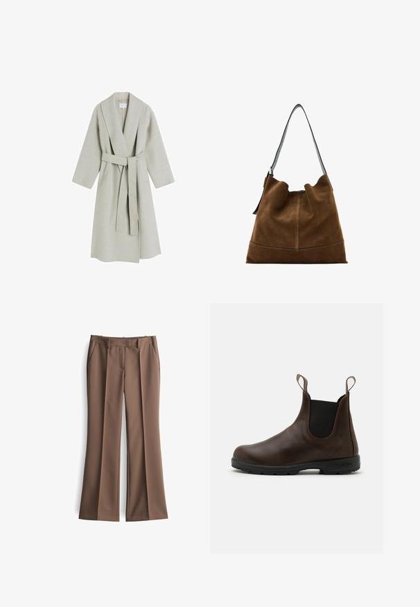 Lichtgrijze, lange wollen jas met een sjawlboord, brede mouwen en een bijpassende stoffen riem. Heeft een minimalistisch ontwerp zonder zichtbare patronen.; Witte overhemd met knopen gemaakt van katoen, met een borstzak en een klein geborduurd logo. Ontspannen pasvorm met een klassieke kraag en lange mouwen.; Bruine flared broeken van gestructureerde stof, met voorplooien, twee zijzakken en een standaard tailleband, voor een verzorgde uitstraling.; Bruine leren enkellaars met elastische zijkanten, trekriempjes en een getextureerde rubberen zool. Heeft een slank, rond te ontwerp.; Bruine suede emmer tas met een zwarte leren schouderriem, met een zachte silhouette en naaddetail aan de onderkant.
