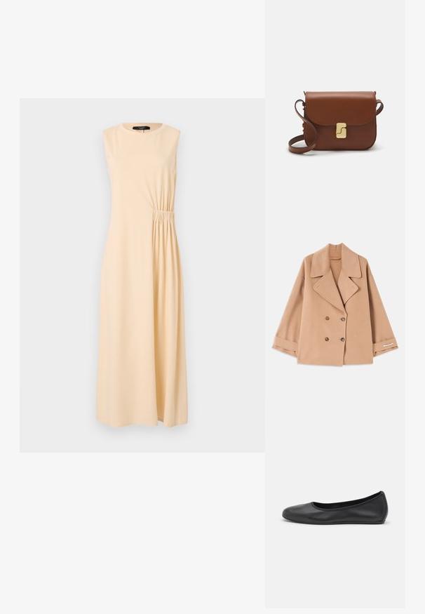 Tan double-breasted coat made of soft fabric, featuring large lapels, wooden buttons, and rolled cuffs with a white accent strip.; Sleeveless midi dress in light beige, featuring a gathered side detail. Made from soft fabric, with a round neckline and relaxed fit.; Black leather ballet flat with a rounded toe, smooth texture, minimal stitching detail, and a flexible sole design.; Brown leather handbag with a flap closure, gold-tone hardware, a shoulder strap, and a smooth texture. Compact rectangular shape.