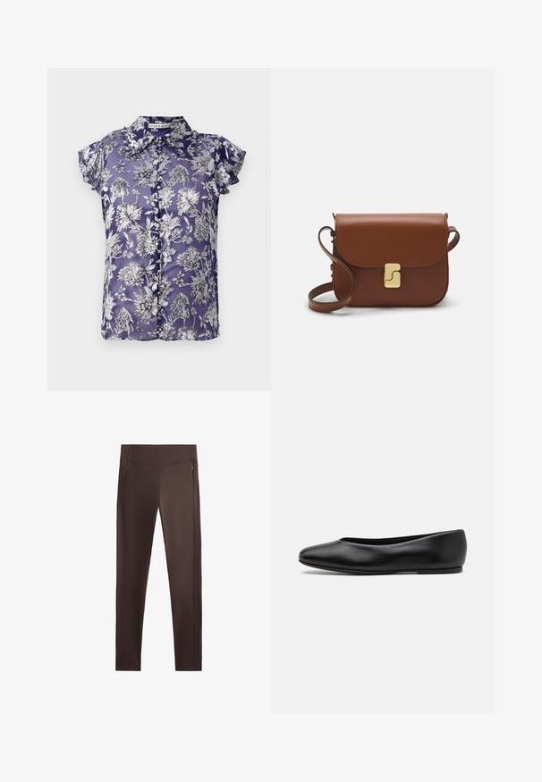 Tan dobbeltbrystet frakke lavet af blødt stof, med store klapper, træknapper og rullede ærmer med en hvid accentstribe.; Lys beige cropped sweater med lynlås og høj hals, der har et struktureret mønster samt ribbede manchetter og nederste kant. Kombinerer strikkede og vævede materialer.; Lilla kortærmet bluse med et blomsterdesign i sort og hvid, der har knaplukning foran og krave. Silkeagtig tekstur.; Brune fitness leggings med en glat overflade, høj talje og to sidelommer med lynlås, med en skræddersyet, slim fit design.; Paul Smith TOPANGA - Ballerinasko - black; Brun læder håndtaske med flaplukning, hardware i gyldent tone, en skulderrem og en glat overflade. Kompakt rektangulær form.