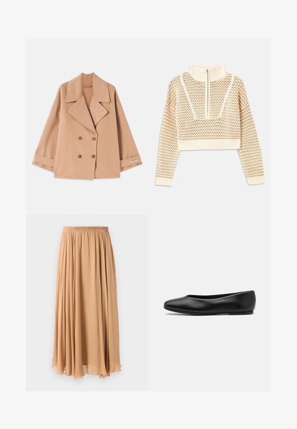 Beige Doppelreiher-Mantel aus weichem Stoff, mit großen Rever, Holzknöpfen und umgeschlagenen Manschetten mit einem weißen Akzentstreifen.; Helles, beigefarbenes, kurzes Sweatshirt mit einem Reißverschlusskragen, das ein strukturiertes Muster sowie gerippte Bündchen und Saum aufweist. Kombiniert Strick- und Webmaterialien.; Maxi-Rock in hellbeige, aus fließendem Stoff gefertigt. Verfügt über einen gerafften, elastischen Bund und sanfte Falten für Bewegung.; Paul Smith TOPANGA - Klassischer Ballerina - black