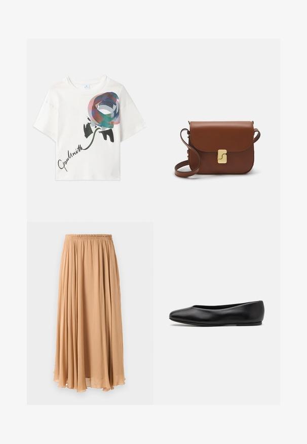 Tan dobbeltbrystet frakke lavet af blødt stof, med store klapper, træknapper og rullede ærmer med en hvid accentstribe.; Lys beige cropped sweater med lynlås og høj hals, der har et struktureret mønster samt ribbede manchetter og nederste kant. Kombinerer strikkede og vævede materialer.; Hvid crop top med et farverigt rosegrafik i nuancer af blå, pink og grøn, med "Paul Smith" trykt i sort.; Maxi nederdel i lys beige, lavet af let stof. Har en indsamlet elastisk talje og bløde pliser for bevægelse.; Paul Smith TOPANGA - Ballerinasko - black; Brun læder håndtaske med flaplukning, hardware i gyldent tone, en skulderrem og en glat overflade. Kompakt rektangulær form.