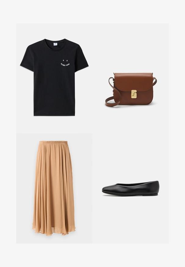 Tan dvojvrstni plašč iz mehkega blaga, s širokimi ovratniki, lesenimi gumbi in zvitimi manšeti z belim akcentnim trakom.; Svetilka svetlo bež barve s krajšim krojem in zadrgo na ovratniku, ki ima strukturiran vzorec ter rebraste manšete in spodnji rob. Združuje pletene in tkane materiale.; Črna bombažna majica s krožnim izrezom in kratkimi rokavi. Na sprednji strani vsebuje belo grafično besedilo v ukrivljeni zasnovi. Minimalističen stil.; Maxi krilo v svetlem bežu, izdelano iz lahkotnega materiala. Ima nabran elastičen pas in mehak nabran kroj, ki omogoča gibanje.; Paul Smith TOPANGA - Balerinke - black; Rjava usnjena torbica s poklopcem, zlato obarvani okovi, naramnica in gladka tekstura. Kompaktna pravokotna oblika.