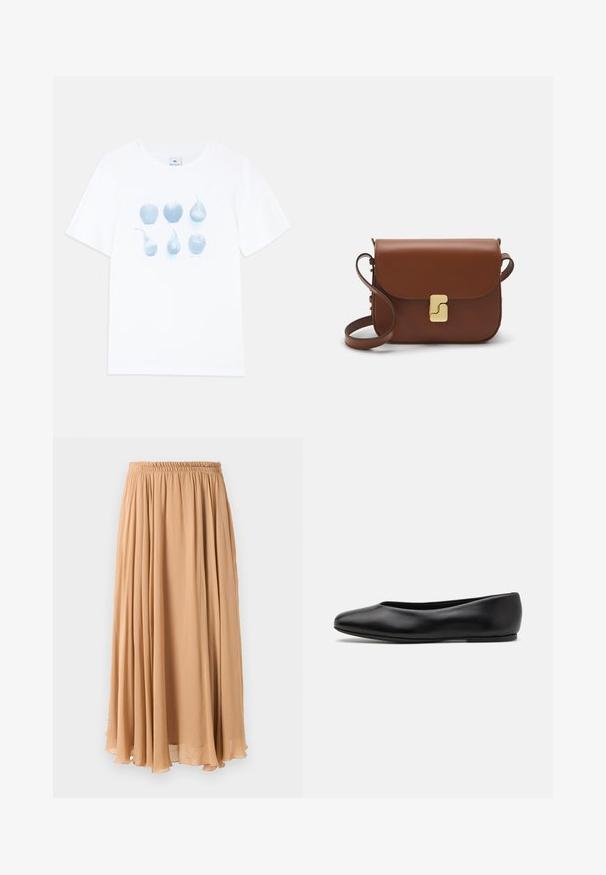 Tan dobbeltbrystet frakke lavet af blødt stof, med store klapper, træknapper og rullede ærmer med en hvid accentstribe.; Lys beige cropped sweater med lynlås og høj hals, der har et struktureret mønster samt ribbede manchetter og nederste kant. Kombinerer strikkede og vævede materialer.; Hvid bomulds T-shirt med et blåt grafisk motiv af seks frugtbilleder: tre æbler og tre pærer, der varierer i form og størrelse.; Maxi nederdel i lys beige, lavet af let stof. Har en indsamlet elastisk talje og bløde pliser for bevægelse.; Paul Smith TOPANGA - Ballerinasko - black; Brun læder håndtaske med flaplukning, hardware i gyldent tone, en skulderrem og en glat overflade. Kompakt rektangulær form.