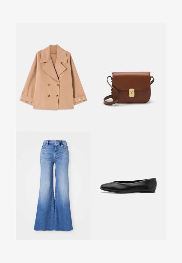 Tan dvojvrstni plašč iz mehkega blaga, s širokimi ovratniki, lesenimi gumbi in zvitimi manšeti z belim akcentnim trakom.; Svetilka svetlo bež barve s krajšim krojem in zadrgo na ovratniku, ki ima strukturiran vzorec ter rebraste manšete in spodnji rob. Združuje pletene in tkane materiale.; Ženski flared traper hlače v svetlo modri barvi, z visokim pasom, širokimi nogami in rahlim zbledelostjo proti robu. Zapenjanje z gumbom in zadrgo.; Paul Smith TOPANGA - Balerinke - black; Rjava usnjena torbica s poklopcem, zlato obarvani okovi, naramnica in gladka tekstura. Kompaktna pravokotna oblika.