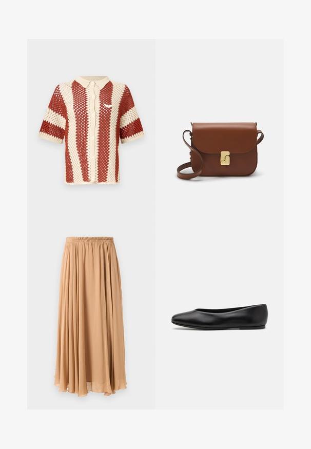 Tan dobbeltbrystet frakke lavet af blødt stof, med store klapper, træknapper og rullede ærmer med en hvid accentstribe.; Kortærmet striktrøje i creme og rust, med en struktureret åben vævning, krave og knaplukning foran. Inkluderer et logo-accent.; Maxi nederdel i lys beige, lavet af let stof. Har en indsamlet elastisk talje og bløde pliser for bevægelse.; Paul Smith TOPANGA - Ballerinasko - black; Brun læder håndtaske med flaplukning, hardware i gyldent tone, en skulderrem og en glat overflade. Kompakt rektangulær form.