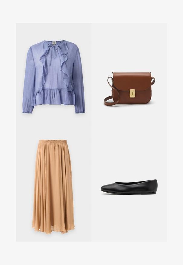 Beige Doppelreiher-Mantel aus weichem Stoff, mit großen Rever, Holzknöpfen und umgeschlagenen Manschetten mit einem weißen Akzentstreifen.; Helles blaues Langarmblusenoberteil mit gerafftem Ausschnitt und Peplum-Saum, aus einem strukturierten Stoff gefertigt, mit einer Bindeschleife am Kragen.; Maxi-Rock in hellbeige, aus fließendem Stoff gefertigt. Verfügt über einen gerafften, elastischen Bund und sanfte Falten für Bewegung.; Paul Smith TOPANGA - Klassischer Ballerina - black; Braune Ledertasche mit Klappenverschluss, Beschlägen in Goldfarbe, einem Schultergurt und einer glatten Oberfläche. Kompakte rechteckige Form.