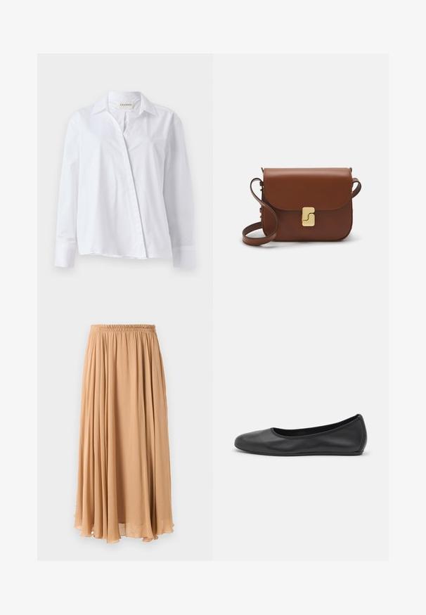 Kétgombos, puha anyagból készült bézs kabát, nagyméretű hajtókákkal, fából készült gombokkal, és fehér csíkkal díszített felgombolt ujjakra.; Fehér, hosszú ujjú pamut ing, hegyes gallérral és gombos elülső záródással. Laza szabású, hajtogatott mandzsettákkal rendelkezik.; Világos bézs maxi szoknya, lágy esésű anyagból készült. Ráncolt, gumis derékkal és puha redőkkel rendelkezik a mozgás érdekében.; Fekete bőr balettcipő lekerekített orral, sima tekstúrával, minimális varrással és rugalmas talp kialakítással.; Barna bőr kézitáska, hajtókás zárással, arany színű fém kiegészítőkkel, vállpánttal és sima felülettel. Kompakt téglalap alakú.