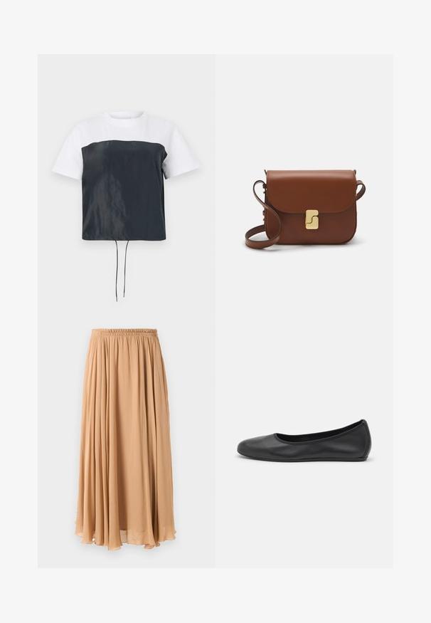 Abrigo marrón de doble botonadura hecho de una tela suave, con grandes solapas, botones de madera y puños enrollados con una franja blanca.; Camiseta corta de manga corta con parte superior de algodón blanca y parte inferior de poliéster gris oscuro y brillante, con un dobladillo ajustable con cordón.; Falda maxi en beige claro, confeccionada con una tela fluida. Presenta una cintura elástica fruncida y suaves pliegues para el movimiento.; Bailarina de piel negra con punta redondeada, textura suave, detalle de costura minimalista y diseño de suela flexible.; Bolso de mano de cuero marrón con cierre de solapa, herrajes en tono dorado, correa para el hombro y una textura suave. Forma rectangular compacta.