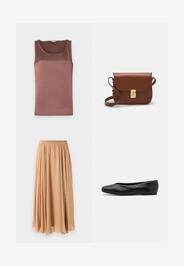 Tan double-breasted coat made of soft fabric, featuring large lapels, wooden buttons, and rolled cuffs with a white accent strip.; Brown satin sleeveless top with a rounded neckline, smooth texture, and a slim fit, designed for a streamlined silhouette.; Maxi skirt in light beige, made of flowy fabric. Features a gathered elastic waistband and soft pleats for movement.; Paul Smith TOPANGA - Ballet pumps - black; Brown leather handbag with a flap closure, gold-tone hardware, a shoulder strap, and a smooth texture. Compact rectangular shape.