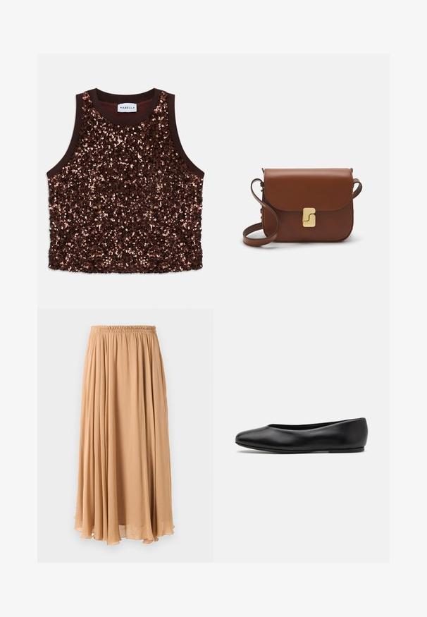 Casaco bege de dois botões, feito de um tecido suave, com grandes lapelas, botões de madeira e punhos dobrados com uma tira de destaque branca.; Top sem mangas adornado com lantejoulas em um tom de marrom rico, apresentando um acabamento liso em marrom e detalhes cintilantes em cobre na superfície frontal.; Saias maxi em bege claro, feitas de tecido leve. Apresenta um cós elástico franzido e pregas suaves para maior movimento.; Paul Smith TOPANGA - Sabrinas - black; Bolsa de couro castanho com fecho de aba, decoração em tom dourado, alça de ombro e textura suave. Formato retangular compacto.