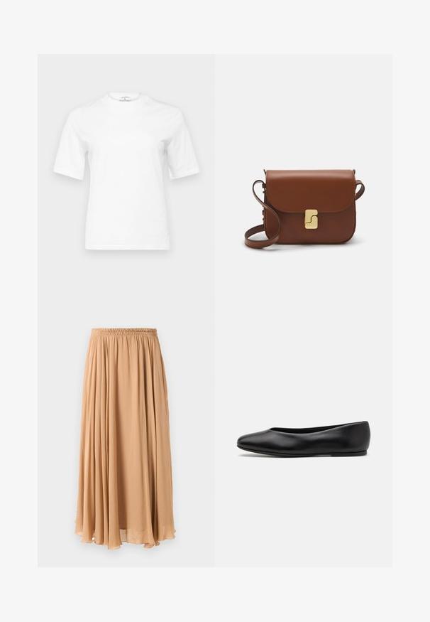 Tan double-breasted coat made of soft fabric, featuring large lapels, wooden buttons, and rolled cuffs with a white accent strip.; White cotton t-shirt with a round neckline and short sleeves. Features a straight fit and minimalistic design. No patterns or accents.; Maxi skirt in light beige, made of flowy fabric. Features a gathered elastic waistband and soft pleats for movement.; Paul Smith TOPANGA - Ballet pumps - black; Brown leather handbag with a flap closure, gold-tone hardware, a shoulder strap, and a smooth texture. Compact rectangular shape.