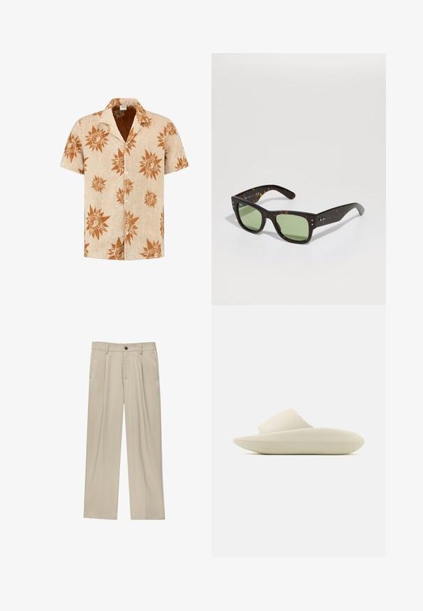 Bež plašč iz bombaža z dvorednim zapenjanjem, širokimi reverji, pasom in gumbastimi manšetami. Ima dve stranski žepi.; Rjav pulover s kapuco in četrtnim zadrgo. Narejen iz mehkega materiala, ima dolge rokave in sproščen kroj.; Shiwi Srajca - beach beige; Bež hlače ravnega kroja, z enim črnim gumbom, zanke za pas in stranskimi žepi. Gladka tekstura tkanine in minimalističen dizajn.; Svetlo obarvan toboganski sandal s gladko, mat površino. Ima minimalističen dizajn s ukrivljenim podplatom in širokim trakom za enostavno nošenje.; Rjave žirafaste sončne očala z zelenimi lečami, kvadratne oblike in kovinskimi detajli. Imajo logo na levem ušesu. Matt zaključek.