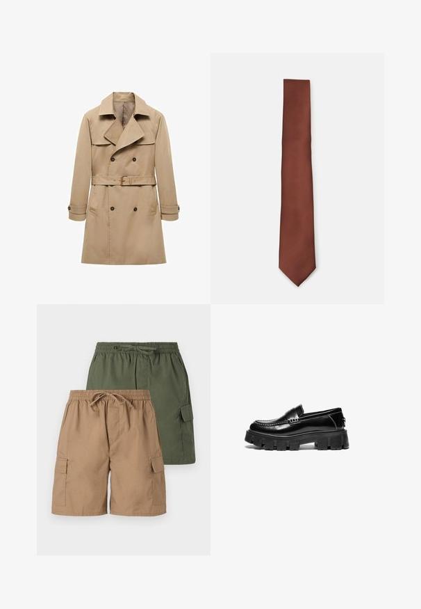 Beige trench coat made of cotton with a double-breasted design, wide lapels, belted waist, and buttoned cuffs. Features two side pockets.; Light beige wool sweater with a crew neckline and ribbed cuffs. Features a textured fabric and a contrasting dark blue inner collar.; Two pairs of cargo shorts; one khaki, one green. Each has an elastic waistband, drawstring, and side pockets. Smooth fabric texture.; Black leather loafers with chunky rubber sole, decorative strap across the upper, and contrasting white stitching. Smooth texture with rounded toe.; Brown silk tie featuring a diagonal striped texture, tapered tip, and smooth finish, designed for formal or professional settings.