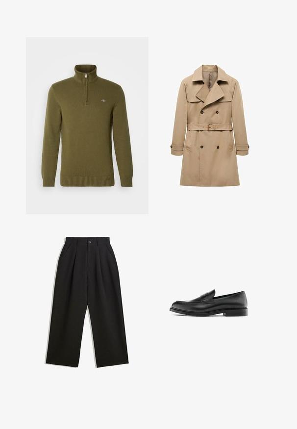 Trench coat beige in cotone con design doppiopetto, ampi risvolti, vita con cintura e polsini con bottoni. Presenta due tasche laterali.; GANT CASUAL HALF ZIP - Maglione - juniper green; Pantaloni neri con una vestibilità comoda, caratterizzati da pieghe frontali, tasche laterali e chiusura con bottone. Realizzati in tessuto testurizzato.; Mocassino penny in pelle nera con tacco basso, punta arrotondata e dettagli cuciti lungo la tomaia, mostrato in profilo laterale su uno sfondo bianco.
